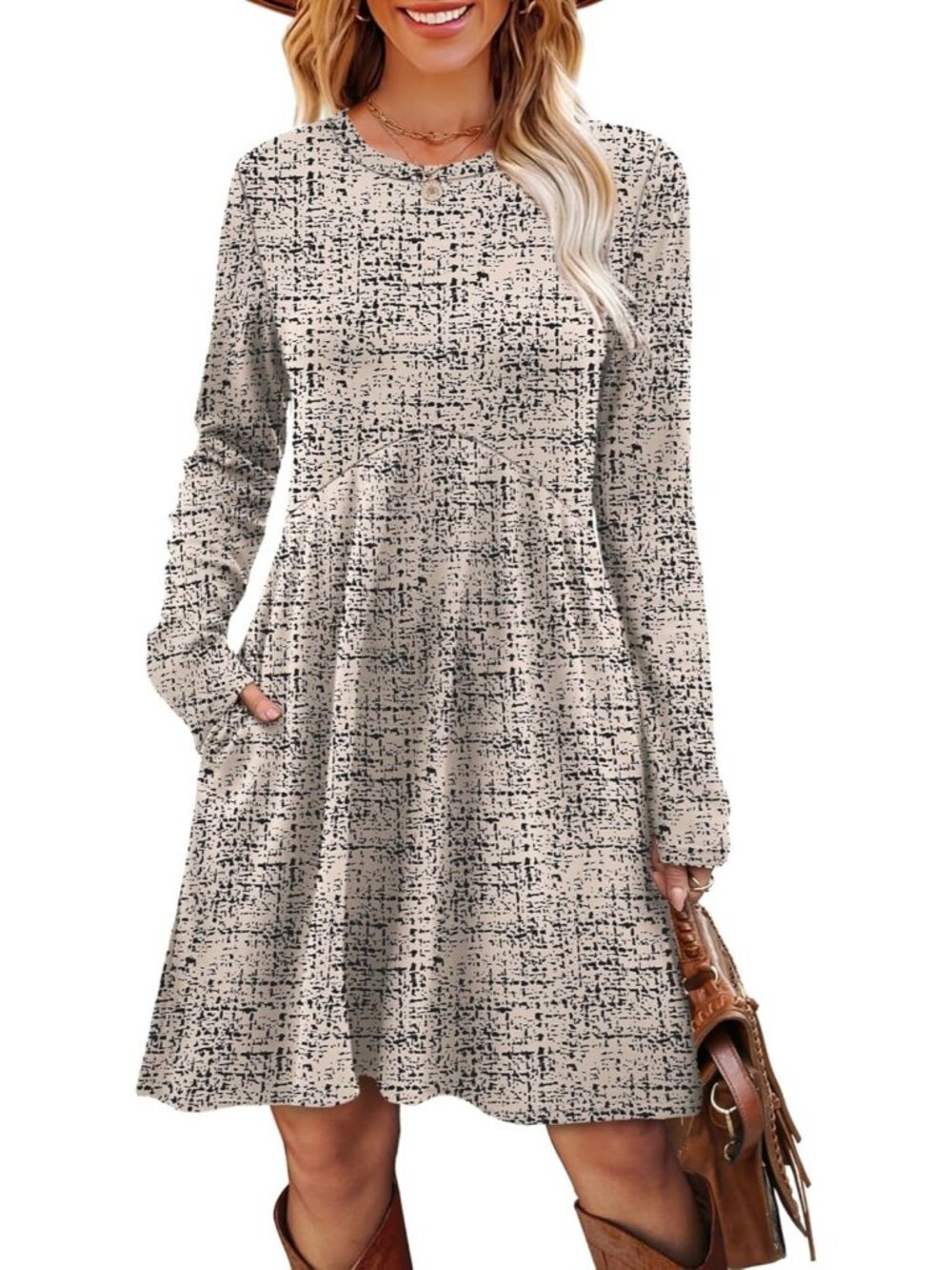 Women's Beige Plaid Long Sleeve Comfort Crew Neck Empire Waist Tunic Mini Dress - Picture 3 of 5